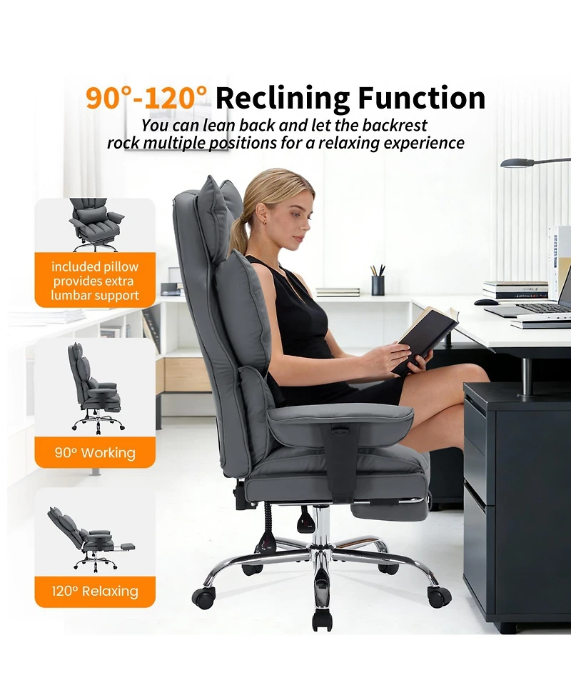 homfan Big and Tall Ergonomic Office Chair with High-Back Pu Leather, Lumbar Support, Adjustable Recline and Footrest