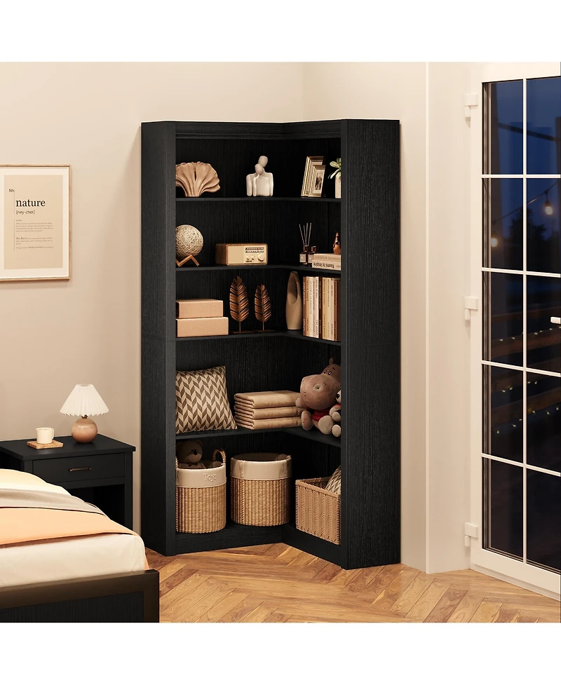 homfan 71.8" L-Shaped Farmhouse Corner Bookshelf, 5-Tier Wood Bookcase with Anti-Tipping Kit