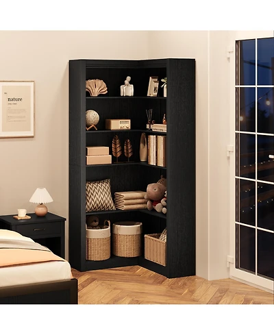 homfan 71.8" L-Shaped Farmhouse Corner Bookshelf, 5-Tier Wood Bookcase with Anti-Tipping Kit