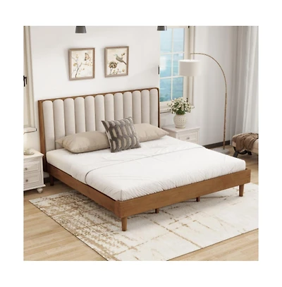Lucky One King Size Wood Bed with Piano Key Style Upholstered Headboard, Strengthened Frame, Wood Slats, No Box Spring Needed