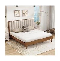 Lucky One King Size Wood Bed with Piano Key Style Upholstered Headboard, Strengthened Frame, Wood Slats, No Box Spring Needed