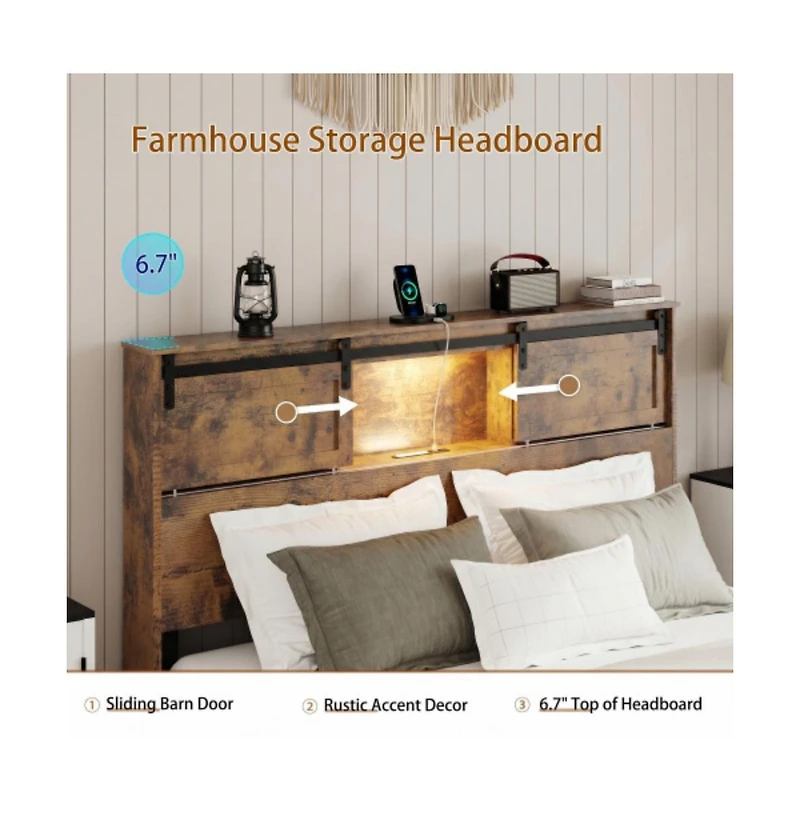 Lucky One Queen Size Metal Bed Frame with Storage Headboard, Usb Charging, Heavy Duty Metal Slats