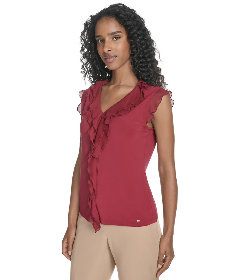 Tommy Hilfiger Women's Sleeveless Mixed-Media Ruffle Top