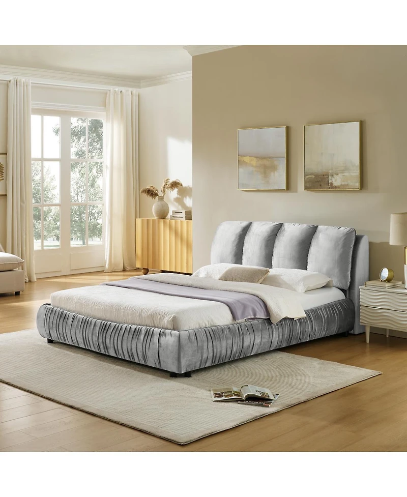 Streamdale Furniture Queen Size Upholstered Bed Frame with Segmented Velvet Headboard