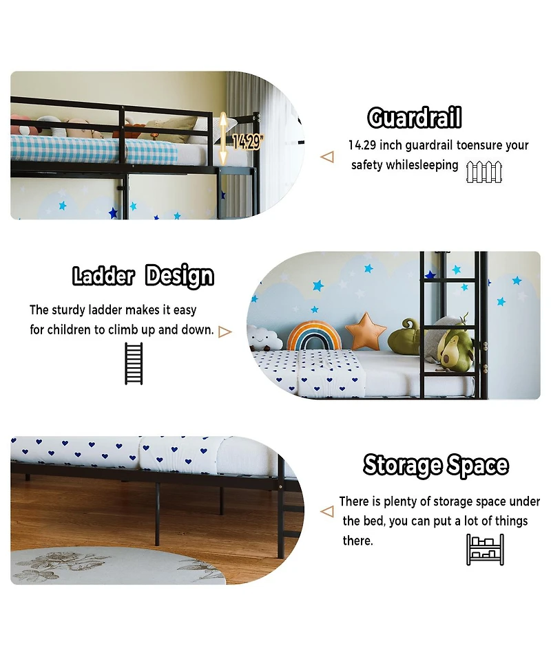 Streamdale Furniture Metal Twin Over Twin Bunk Bed with Safety Guardrails