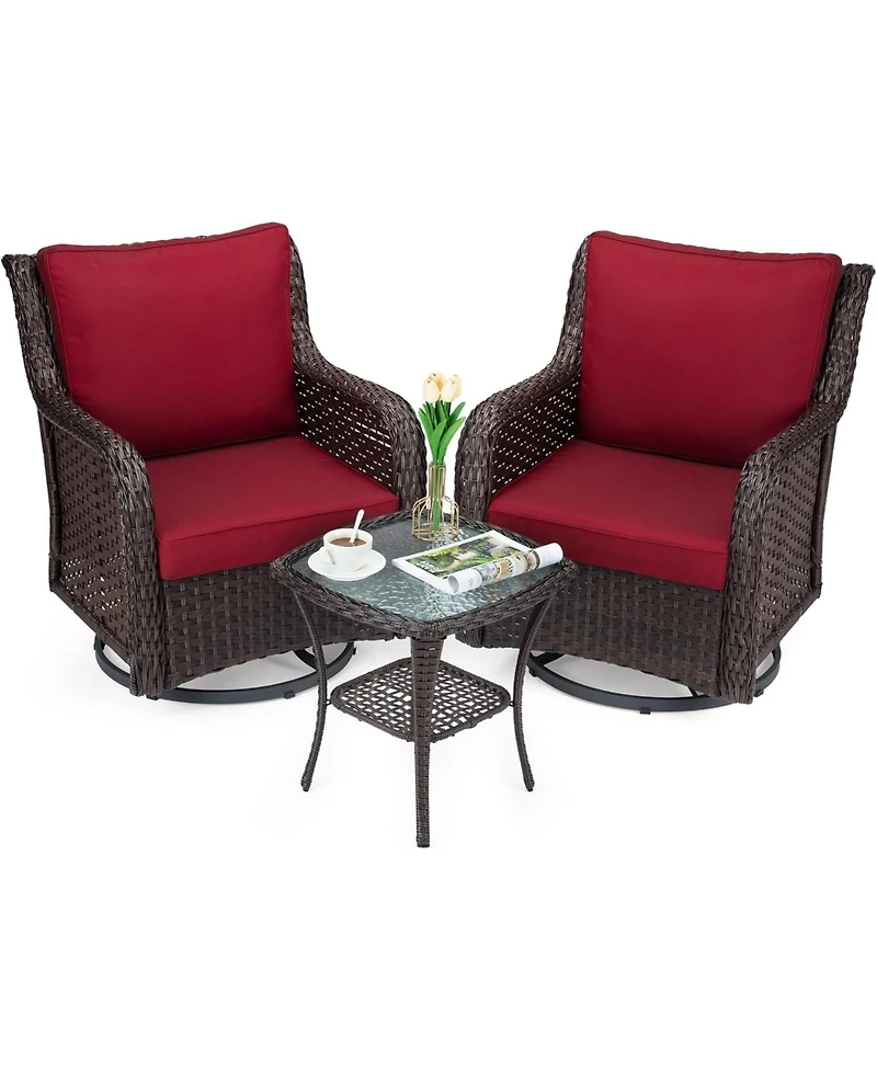 homfan Piece Outdoor Wicker Bistro Set, Swivel Rocker Chairs with Cushions and Glass Table for Patio or Garden