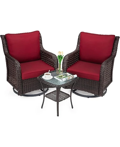 homfan Piece Outdoor Wicker Bistro Set, Swivel Rocker Chairs with Cushions and Glass Table for Patio or Garden