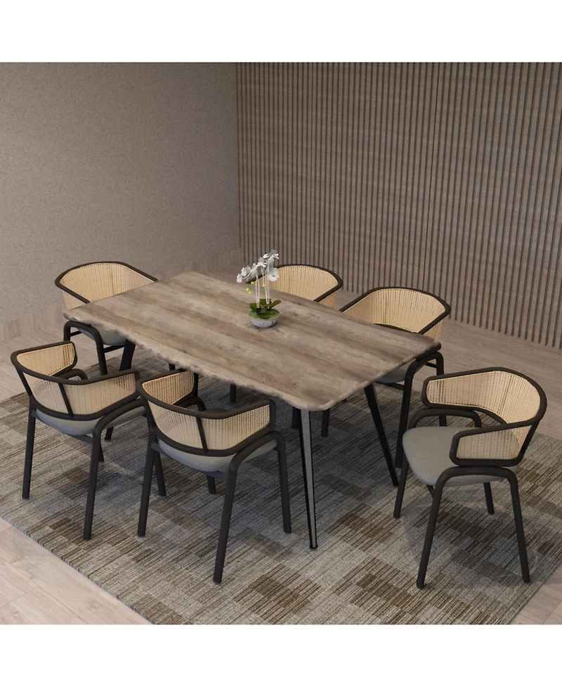LeisureMod Devon 5-Piece Outdoor Dining Set - Round Glass Table with 4 Black Flower Design Stackable Chairs