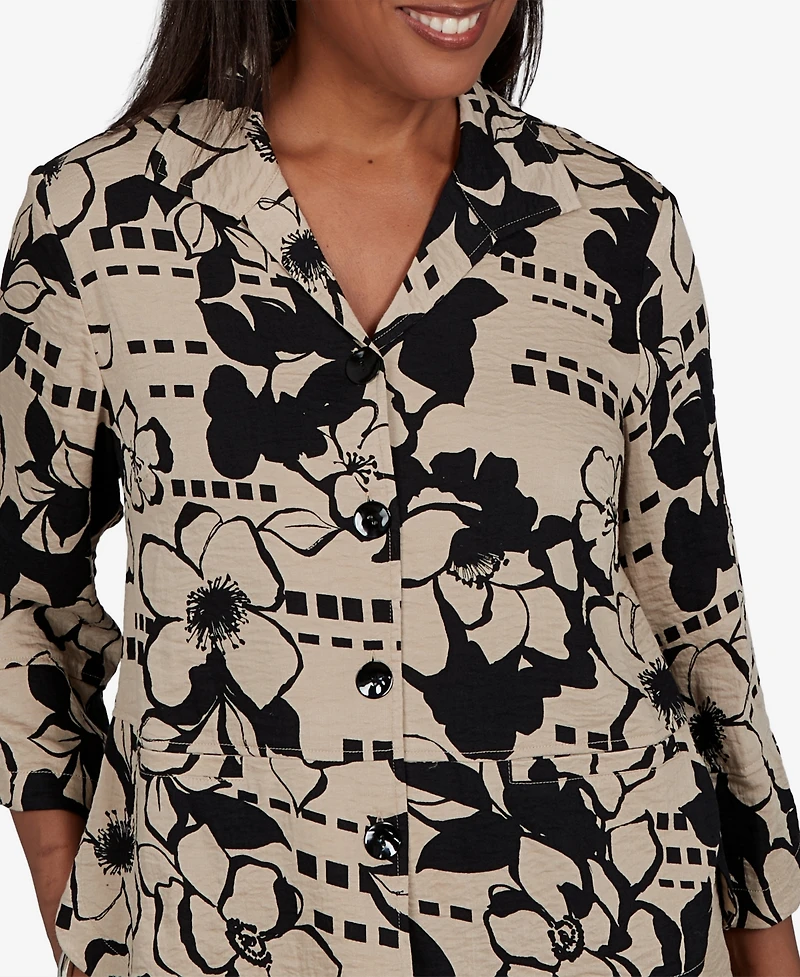 Alfred Dunner Women's Travel Advisory Geo Floral Button Front Top