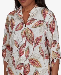 Alfred Dunner Women's Union Square Sketched Leaf Button Front Knit Top