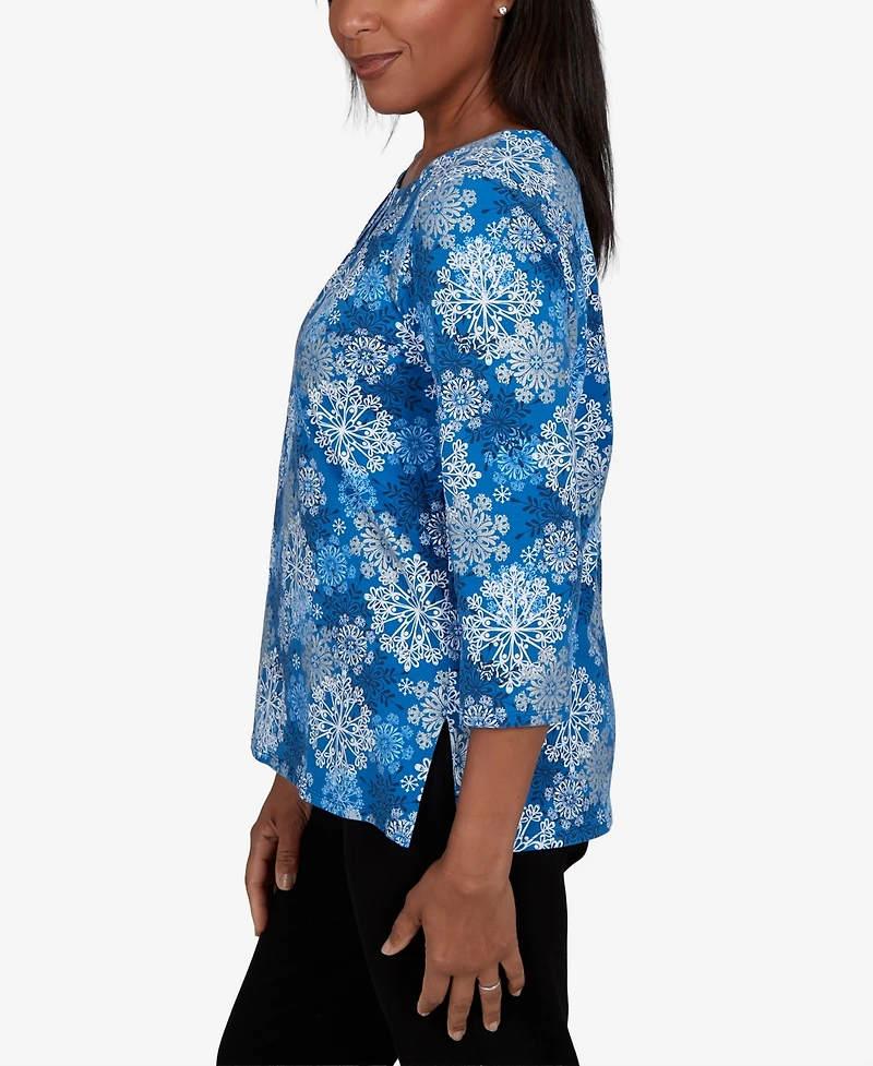 Alfred Dunner Women's Classic Blue Snowflake Print Knit Top