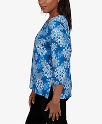 Alfred Dunner Women's Classic Blue Snowflake Print Knit Top