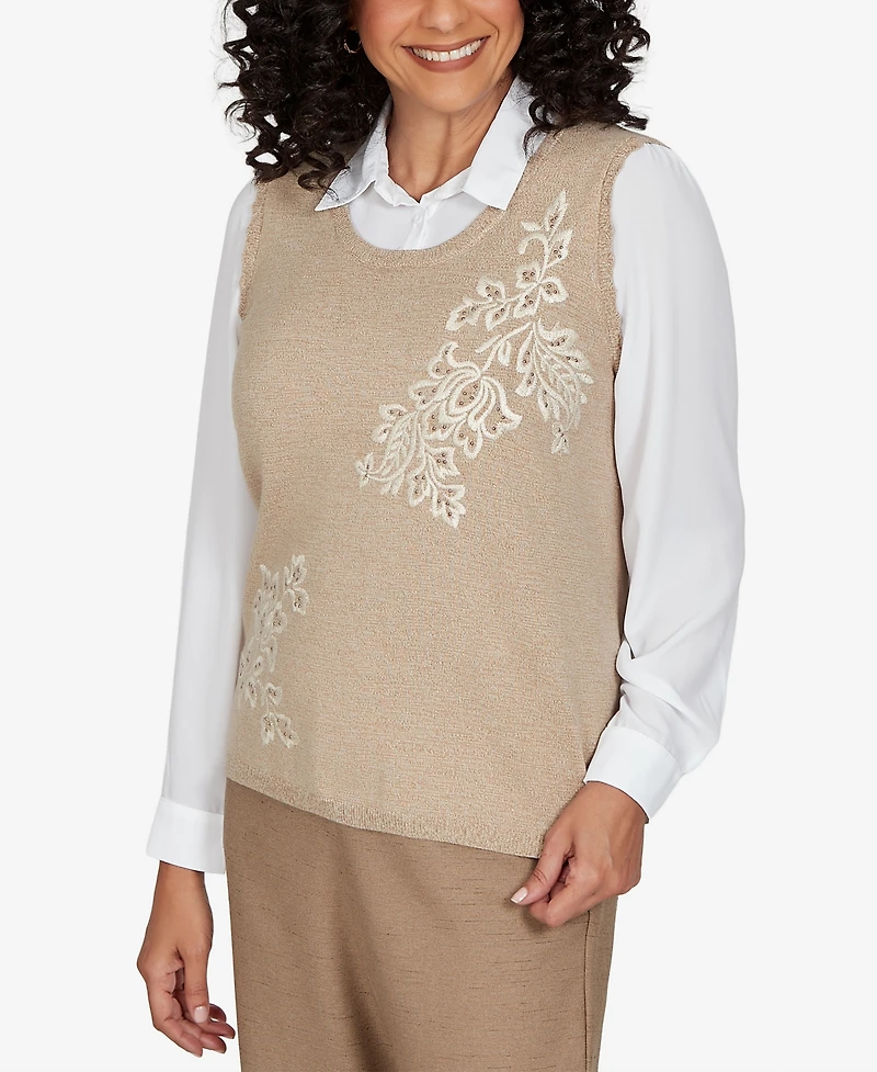 Alfred Dunner Women's Union Square Embroidered Vest Two One Sweater