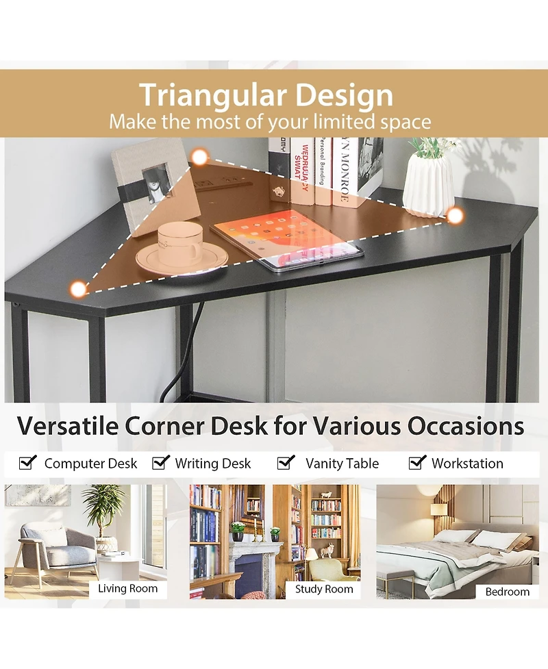 Triangle Computer Desk Corner Desk Home Office w/Power Outlets Usb Ports