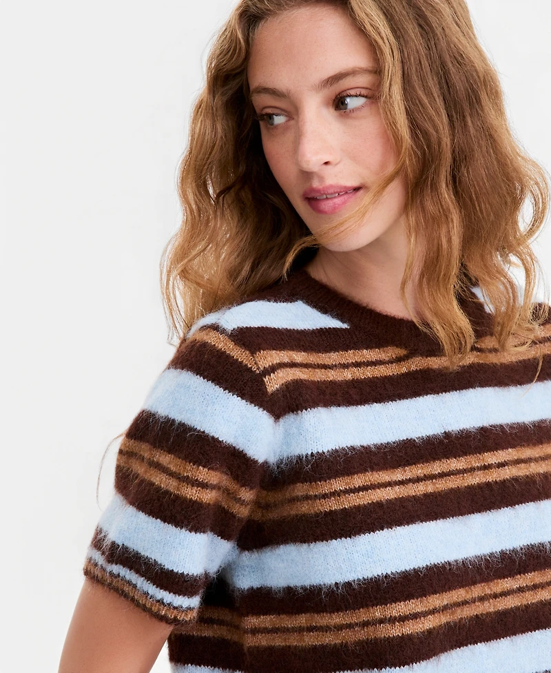 And Now This Women's Short-Sleeve Striped Brushed Crop Sweater, Macy's Exclusive