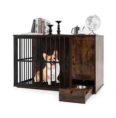 Ruie Dog Crate Furniture End Table with Hidden Pull-Out Feeder Bowls