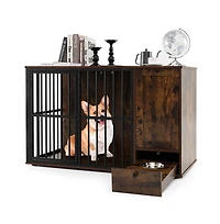 Ruie Dog Crate Furniture End Table with Hidden Pull-Out Feeder Bowls