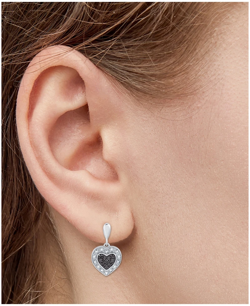 Black & White Diamond Heart Drop Earrings (1/6 ct. t.w.) in Sterling Silver