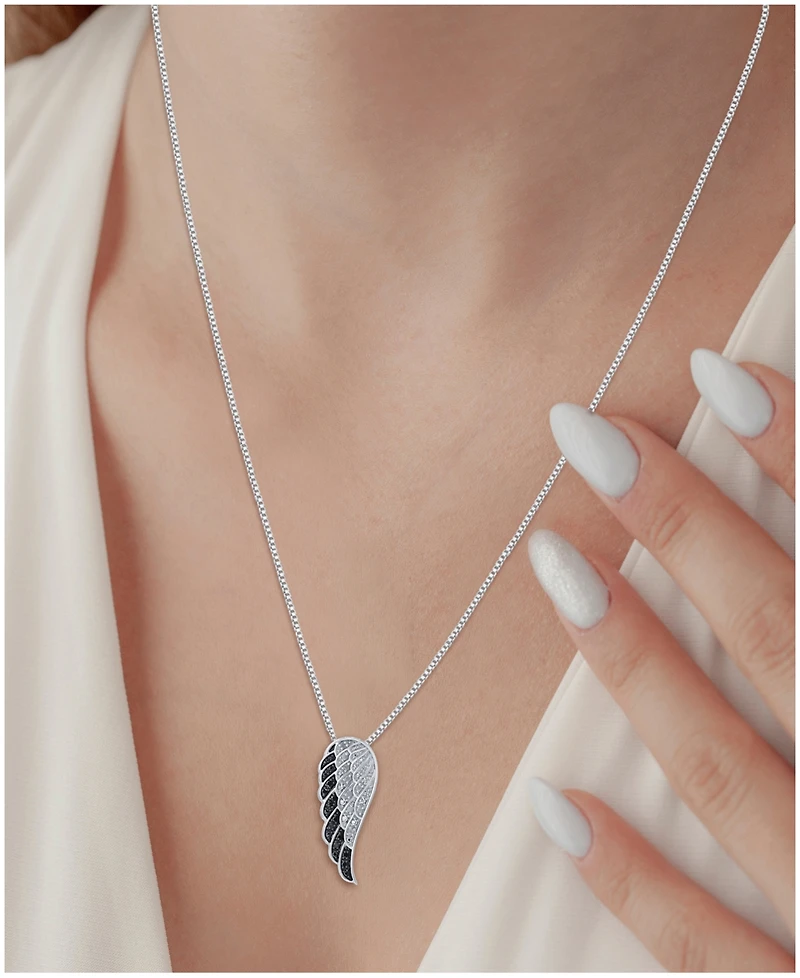 Black Diamond (1/10 ct. t.w.) & White Diamond (1/20 ct. t.w.) Wing 18" Pendant Necklace in Sterling Silver