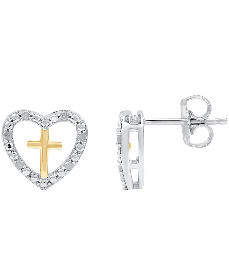 Diamond Heart & Cross Stud Earrings (1/10 ct. t.w.) in Sterling Silver & 14k Gold-Plate