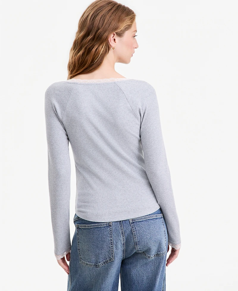 And Now This Women's Henley Long-Sleeve V-Neck Lace Trim Top, Macy's Exclusive