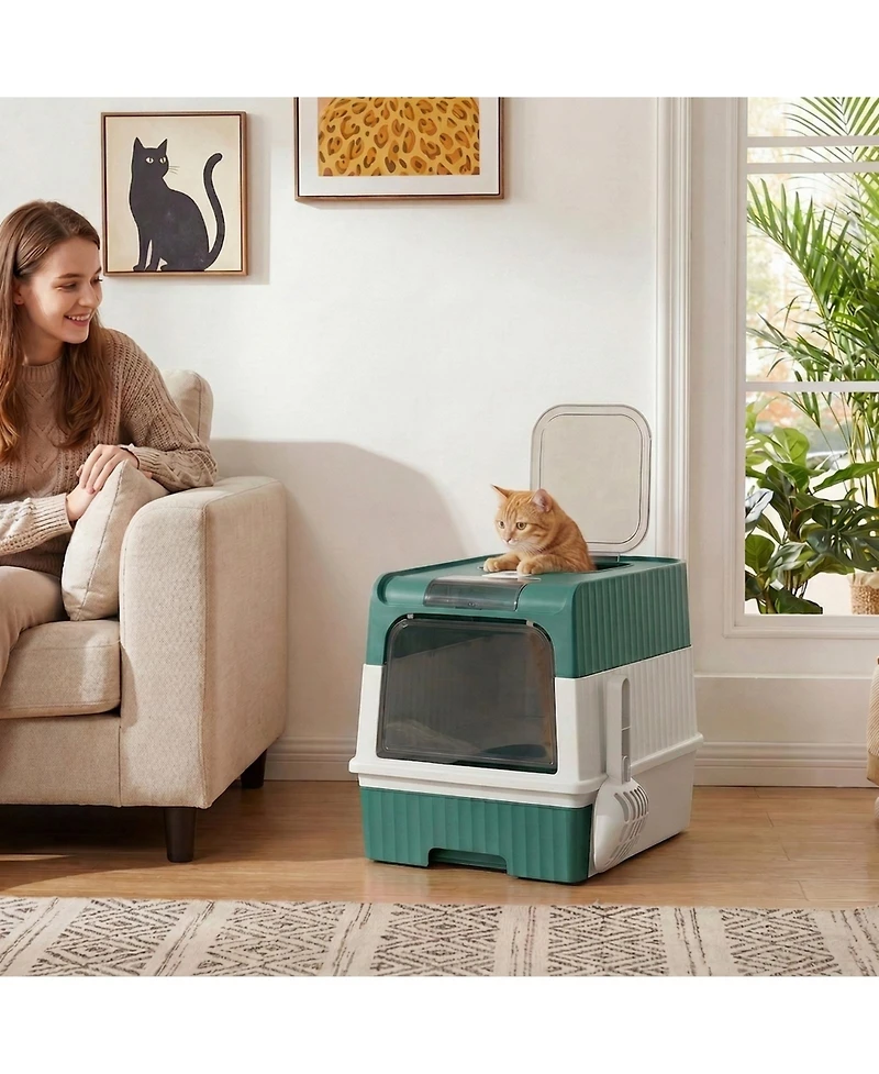Ruie Hooded Cat Litter Box with Drawer Pan Front Entry and Top Exit