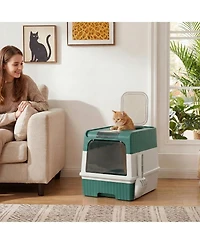Ruie Hooded Cat Litter Box with Drawer Pan Front Entry and Top Exit