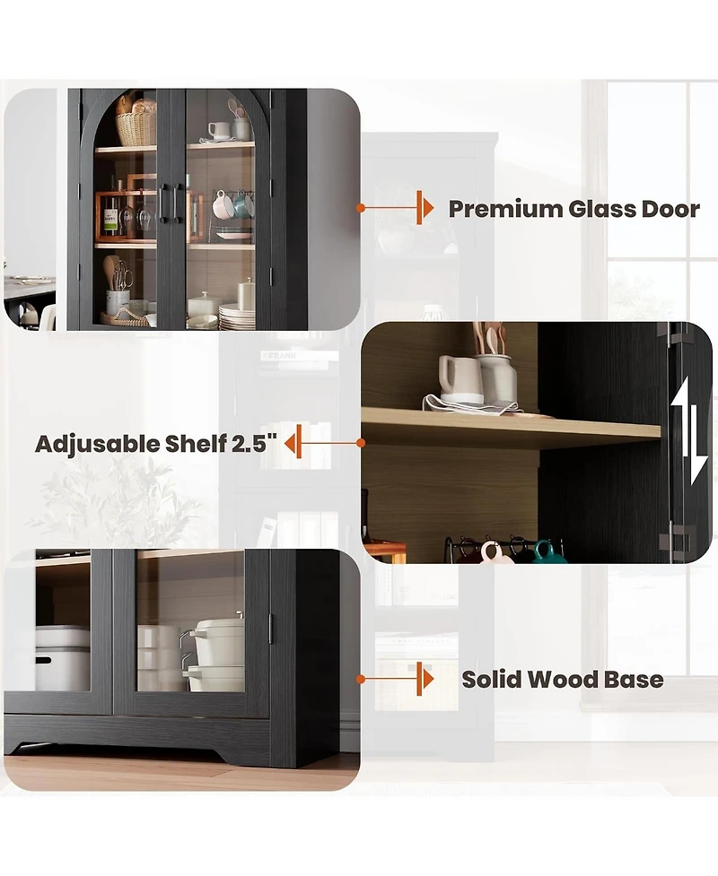 70" Tall Arch Glass Pantry Cabinet, 4-Door Display Storage with Adjustable Shelvesfor Kitchen, Dining Room, Living Bathroom