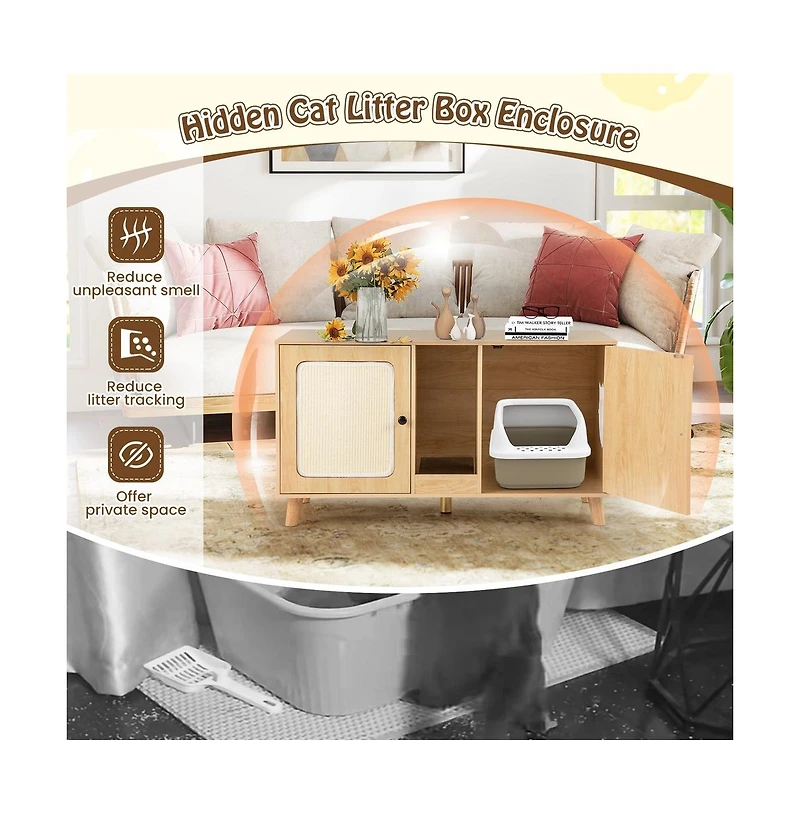 Ruie Cat Litter Box Enclosure with Double Rooms and 2 Sisal Scratching Mats