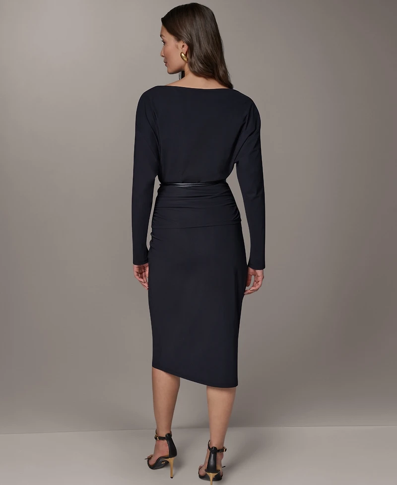 Two-Piece Long Sleeve Draped Top & Pencil Skirt Set with Belt