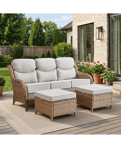 Pocassy Wicker Outdoor Patio Furniture Set 3 Pieces Patio Conversation Set, Rattan Sofa Couch with Ottomans for Deck Porch and Garden