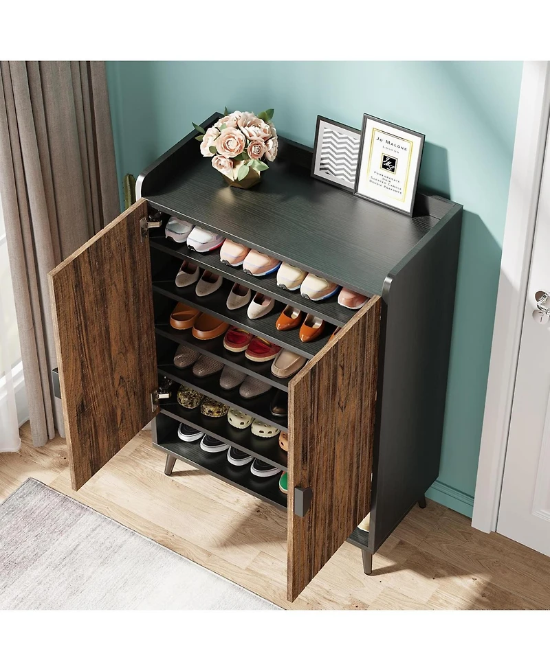 Tribesigns 6-Tier Shoe Storage Cabinet with Adjustable Shelves, Doors, Wooden Shoes Rack
