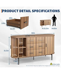 homfan 59 Inch Modern Fluted Sideboard Dresser, Buffet Cabinet with 6 Drawers, 2 Door Cabinets and Built-in Shelves for Home Storage