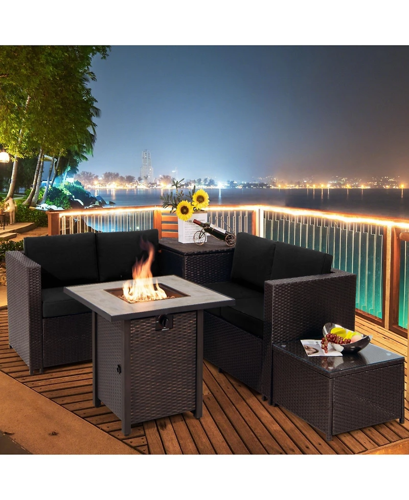 Sugift 5-Piece Patio Furniture Set with 30 in Gas Fire Pit Table and Wicker Loveseats