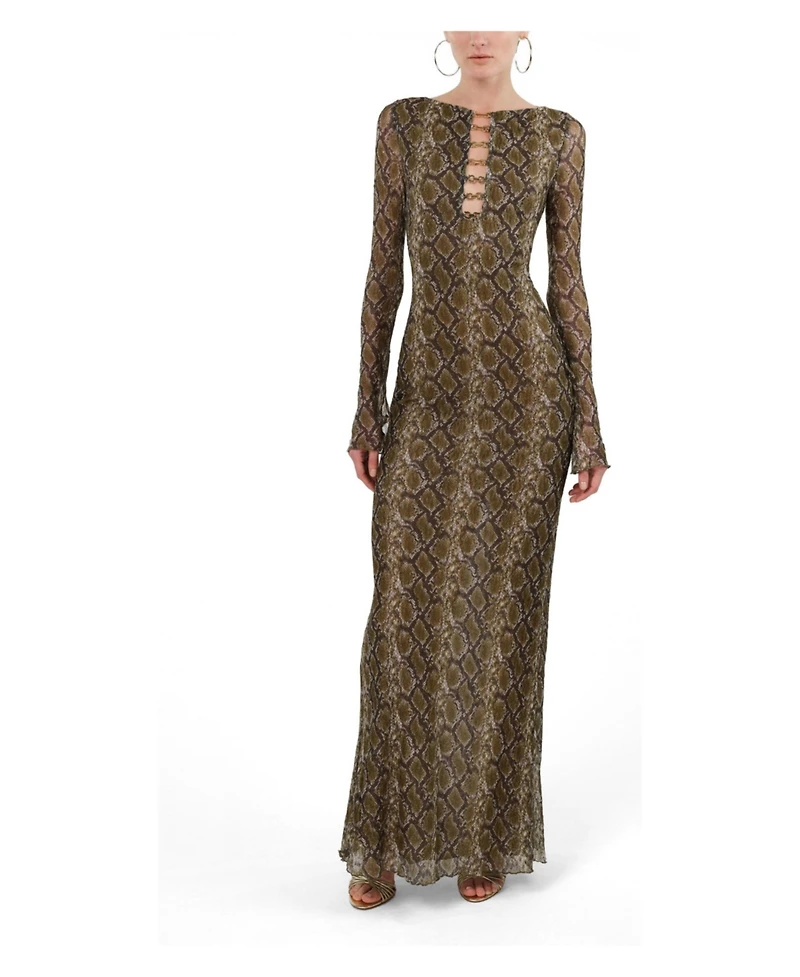 Nocturne Women's Snake Print Ring Detail Long Sleeve Maxi Dress
