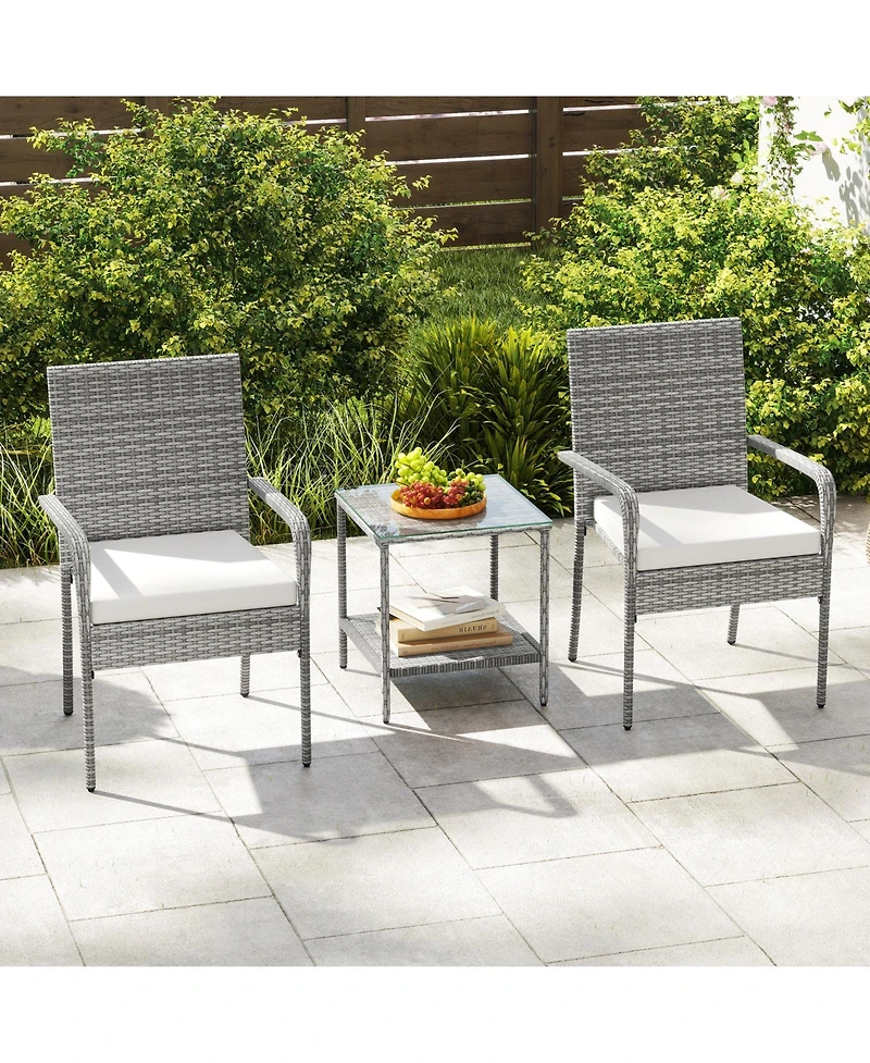 Sugift 3 Piece Patio Furniture Set with Seat Cushions and Tempered Glass Tabletop for Balcony