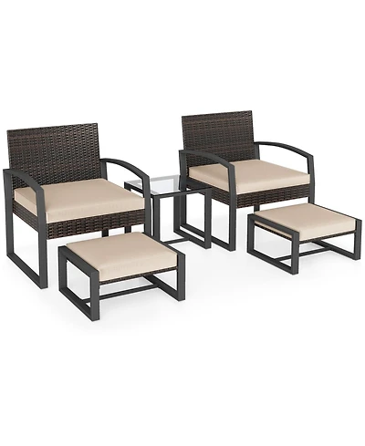 Sugift 5-Piece Patio Conversation Set with 2 Armchairs 2 Ottomans and Tempered Glass Side Table