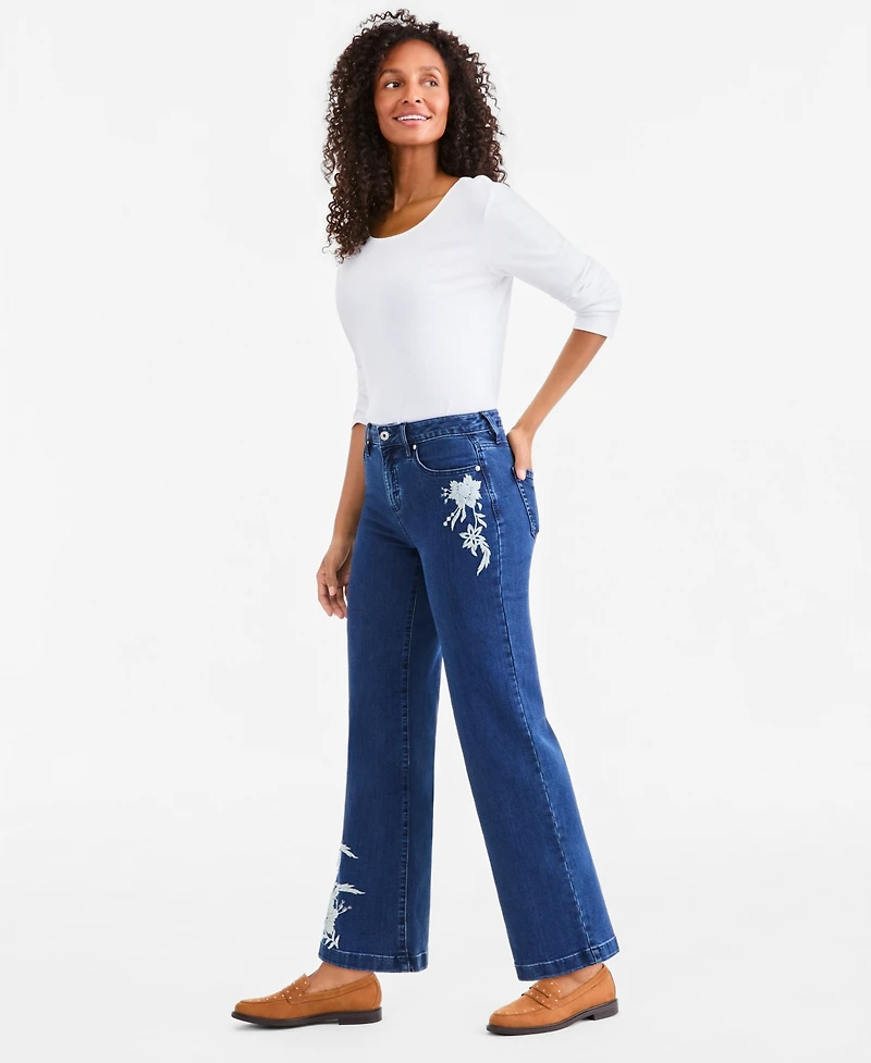 Style & Co Petite Freya High-Rise Wide-Leg Floral-Embroidered Jeans, Macy's Exclusive