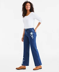 Style & Co Petite Freya High-Rise Wide-Leg Floral-Embroidered Jeans, Macy's Exclusive