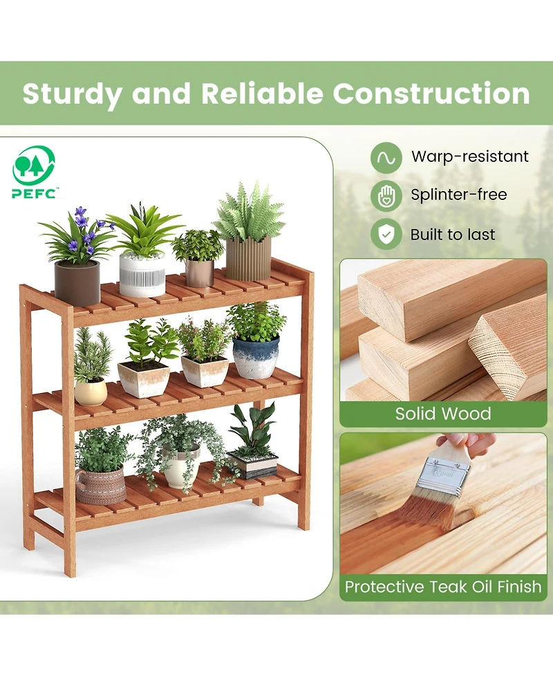 Sugift 3-Tier Solid Wood Plant Stand with Slatted Shelves