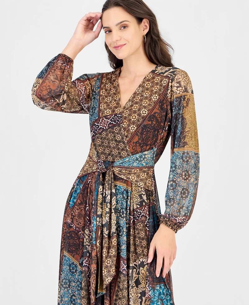 Robbie Bee Women's Print Surplus V-Neck Long-Sleeve Wrap Midi Dress