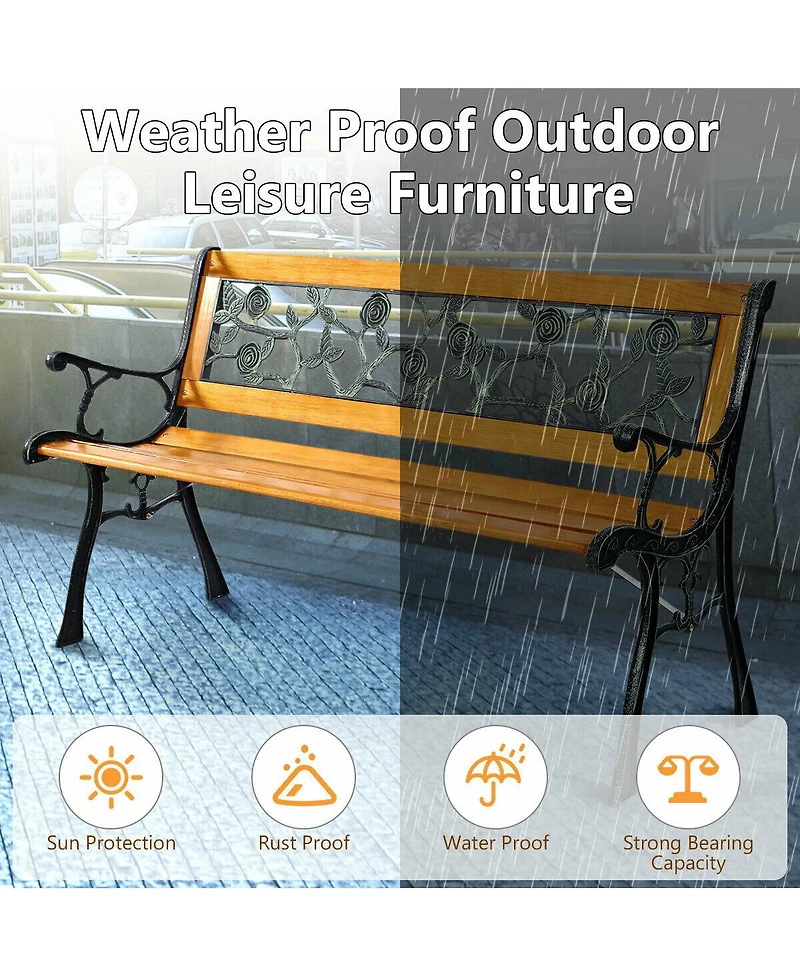 Costway Patio Park Garden Bench Porch Chair Outdoor Deck Cast Iron Hardwood Rose