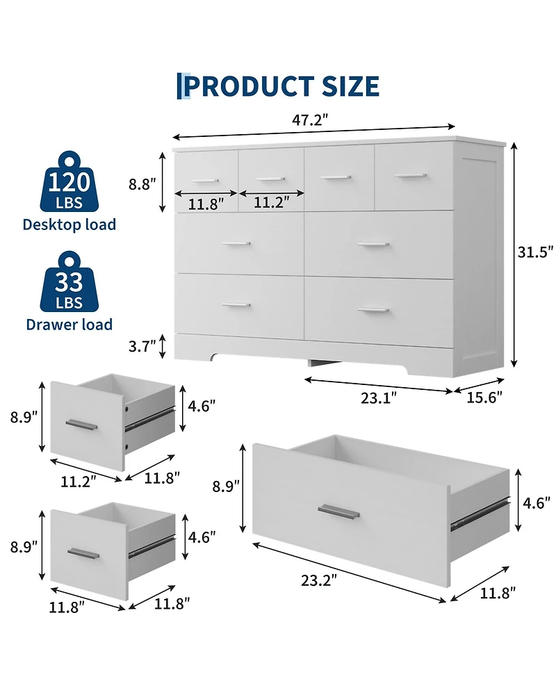 homfan 8 Drawer Dresser for Bedroom, Modern Chest of Drawers with Metal Handles, Storage Organizer for Bedroom, Living Room, Entryway and Hallway