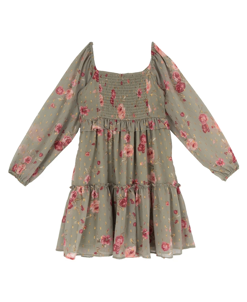 Rare Editions Girls' 7-16 Printed Chiffon Long-Sleeve Dress with Necklace, 2-Piece Set