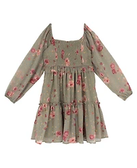 Rare Editions Girls' 7-16 Printed Chiffon Long-Sleeve Dress with Necklace, 2-Piece Set