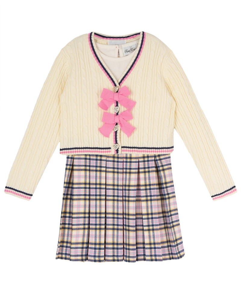 Rare Editions Girls' 2T-6X Plaid Skort Dress and Cable-Knit Cardigan, 2-Piece Set