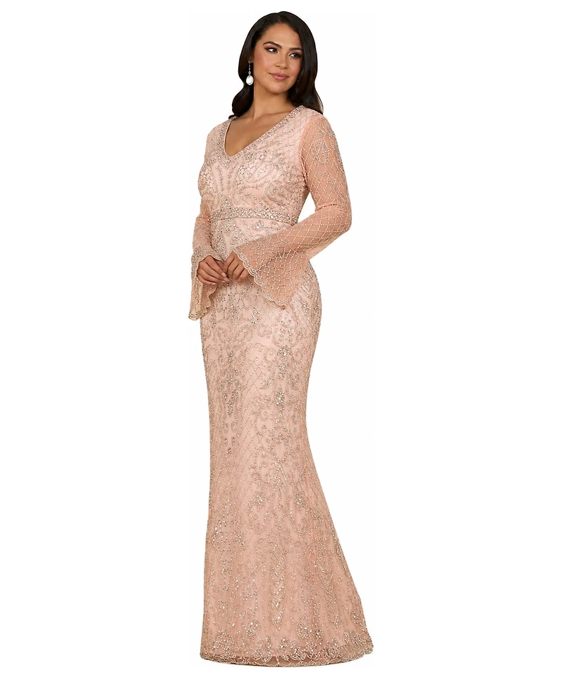 Lara Women's Long Bell sleeve V-neck Beaded Gown