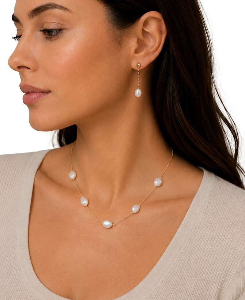 Belle de Mer Cultured Freshwater Pearl (13-14mm) Baroque Station Necklace in 10k Yellow Gold