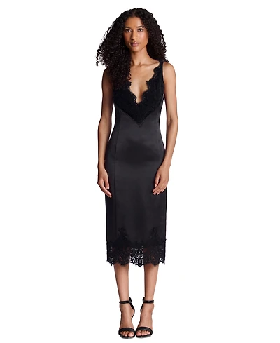 Kenneth Cole Women's Contrast Lace Trim Double Face V-Neck Midi Dress
