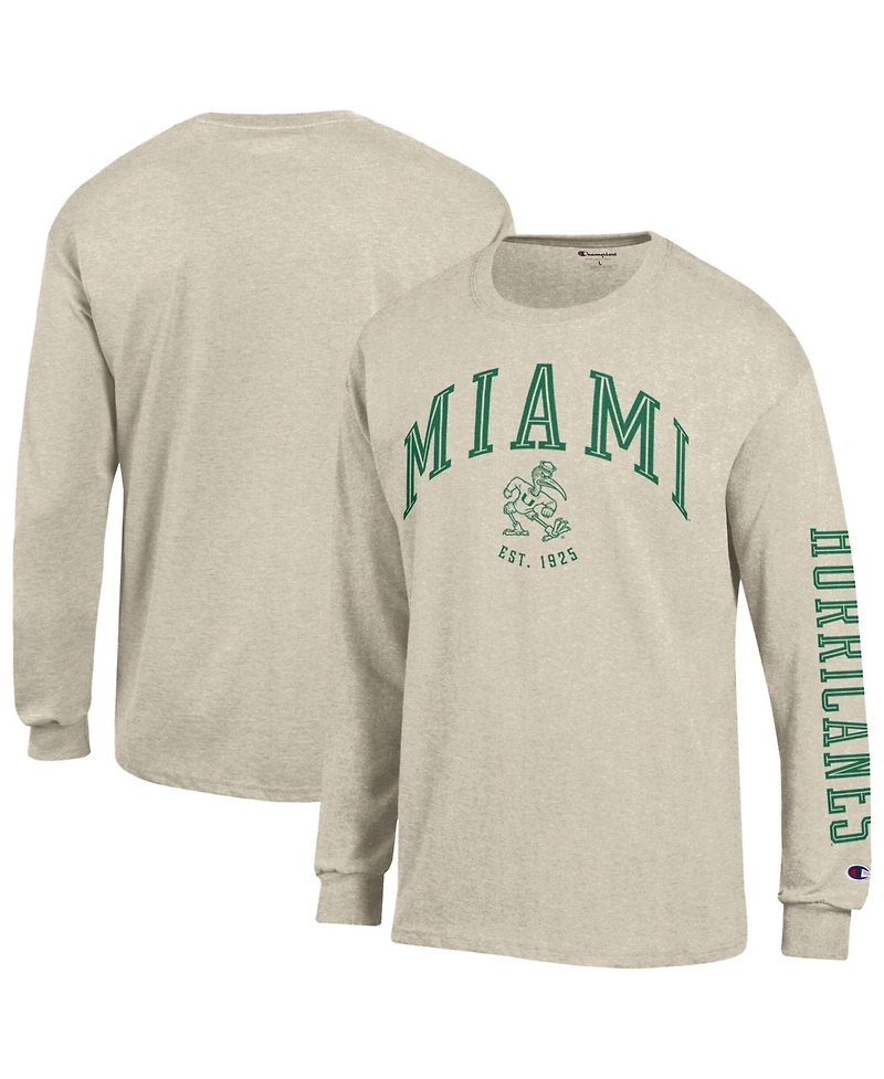 Champion Men's Heather Oatmeal Miami Hurricanes Neutral Arch Long-Sleeve T-Shirt